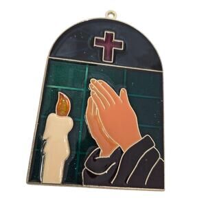 Vtg Stained Glass Suncatcher Ornament Praying Hands Cross Candle Green